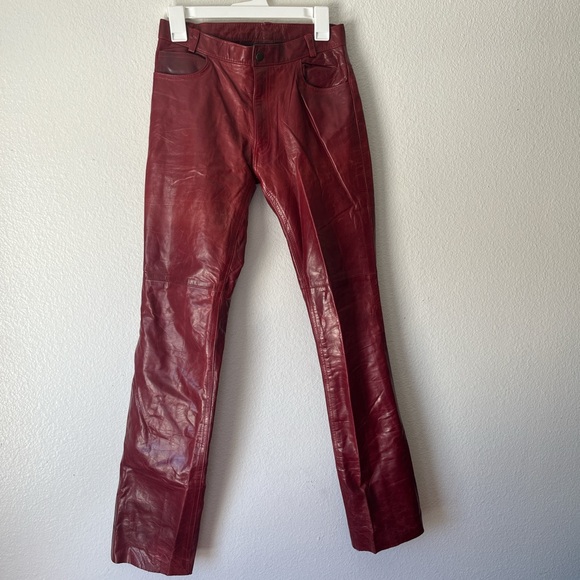 VINTAGE Intermix NY Burgundy/maroon REAL leather straight leg pants w flare - Picture 2 of 4